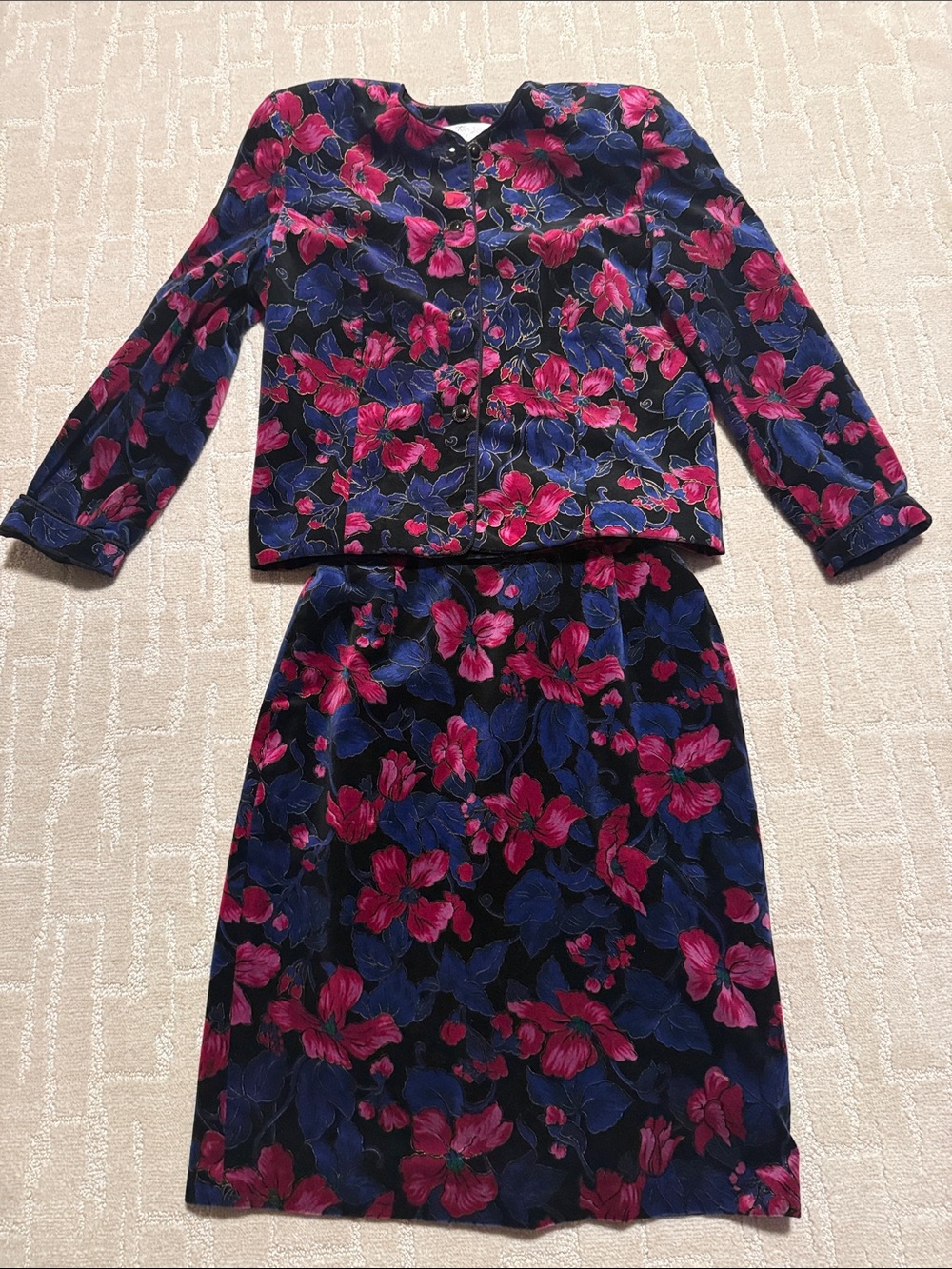 Women’s Vintage Navy Blue Floral Two-Piece Dress Set with Pink Accents